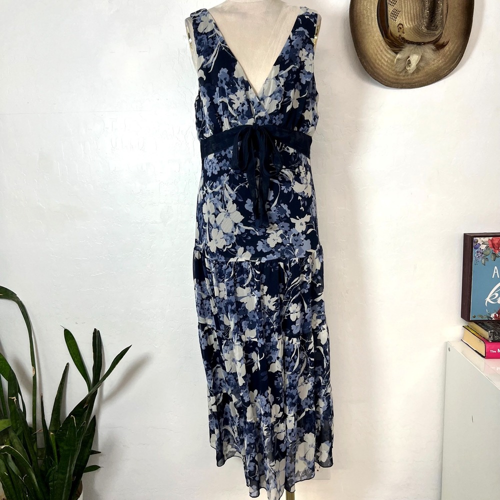 Connected Apparel Floral Maxi Dress Navy Blue Chiffon Sleeveless Tiered Size 12